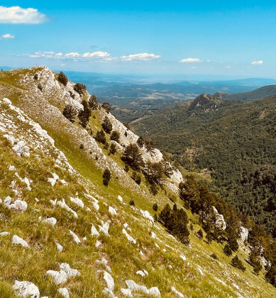 a rocky hillside with a valley below